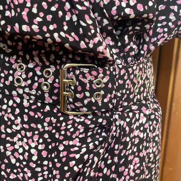The Kooples Black Pink White Polka Dot Wrap Dress Puff Sleeves Belt Silver - 1 - Picture 3 of 11